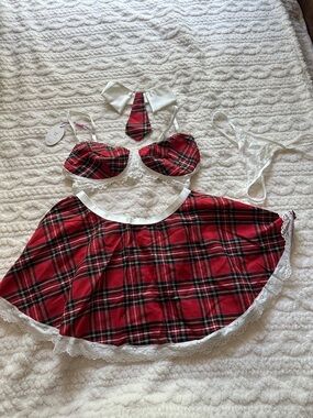 Avidlove Women Schoolgirl Sexy Roleplay Student plaid Lingerie Set 4 Piece